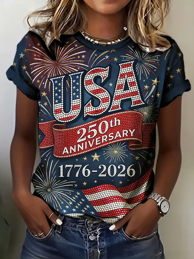 Women'S Casual Floral 250Th Anniversary Celebration Printed Round Neck T-Shirt In The United States