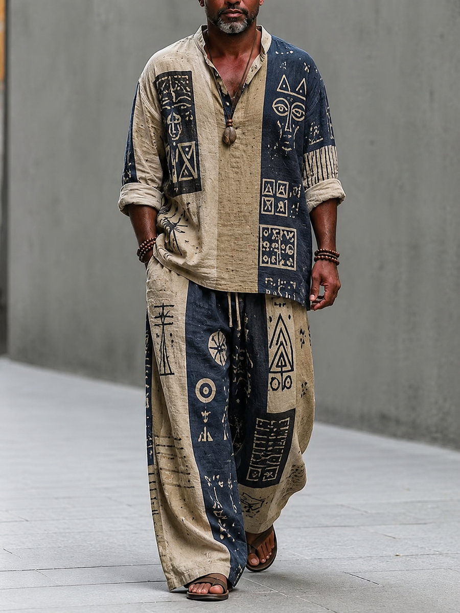 Men's Vintage Tribal & Geometric Print Casual Vacation Set