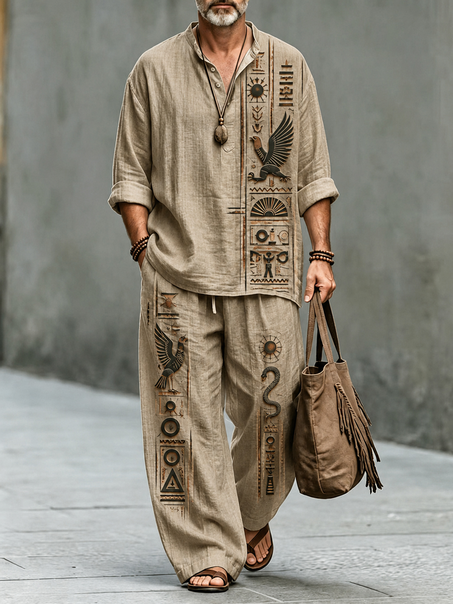 Men's Retro Egyptian Symbol Art Print Casual Vacation Set