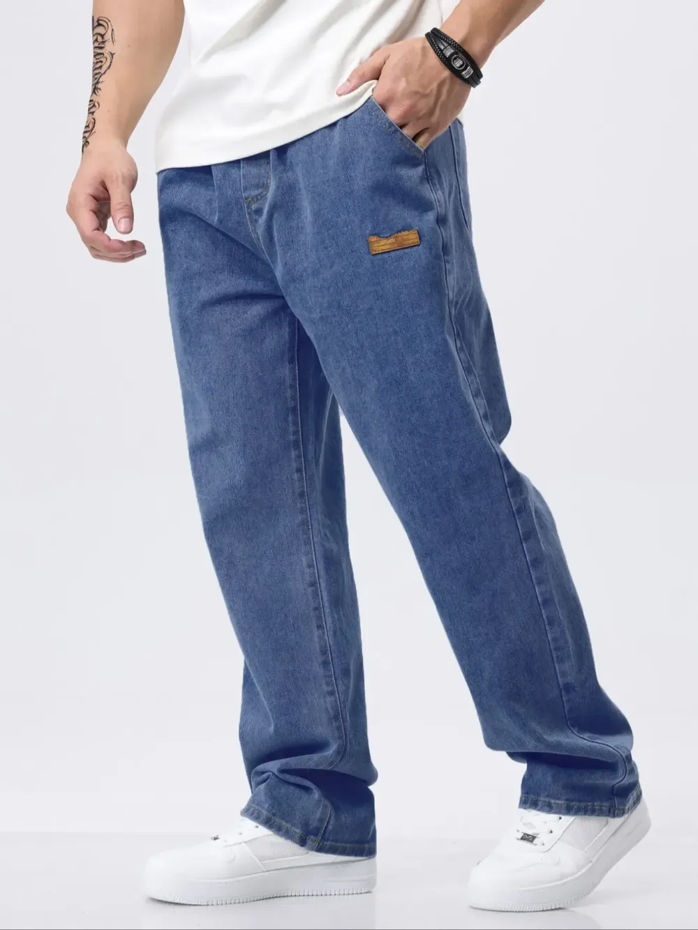 Men's Drawstring Elastic Waist Jeans, Washed Vintage Straight Leg Plain Denim Jeans