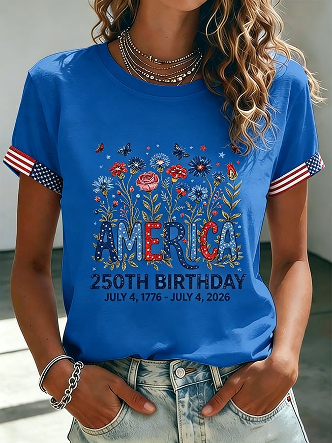 Women's 250 Years Of Freedom Flower Art Print  T-shirt