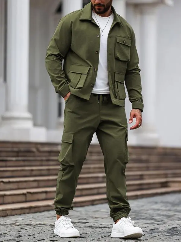 Men's Casual Solid 2-Piece Shirt & Pants Set (Long Sleeve, Spring & Fall)