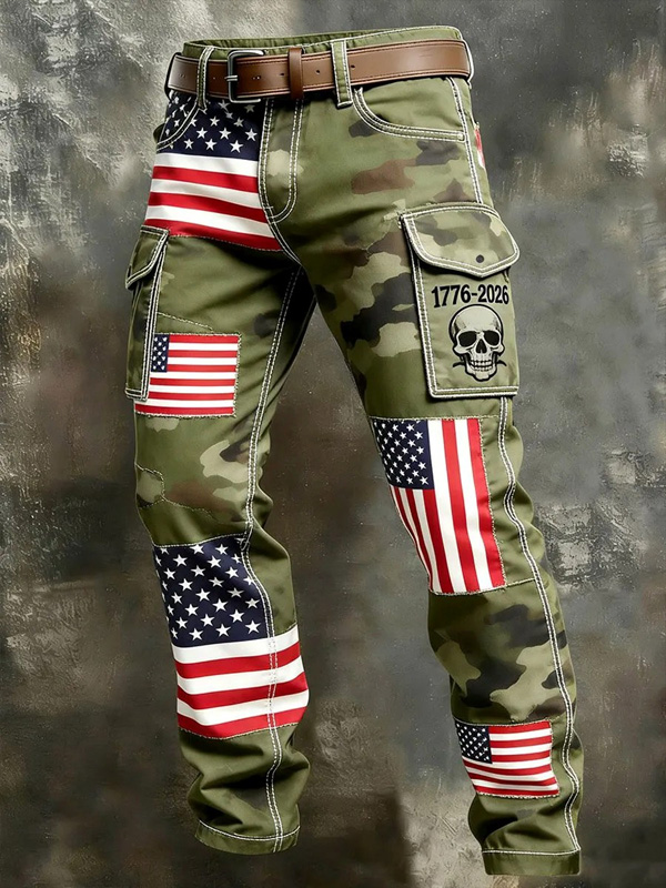 Men's Skull American Flag Camouflage Print Casual Cargo Pants