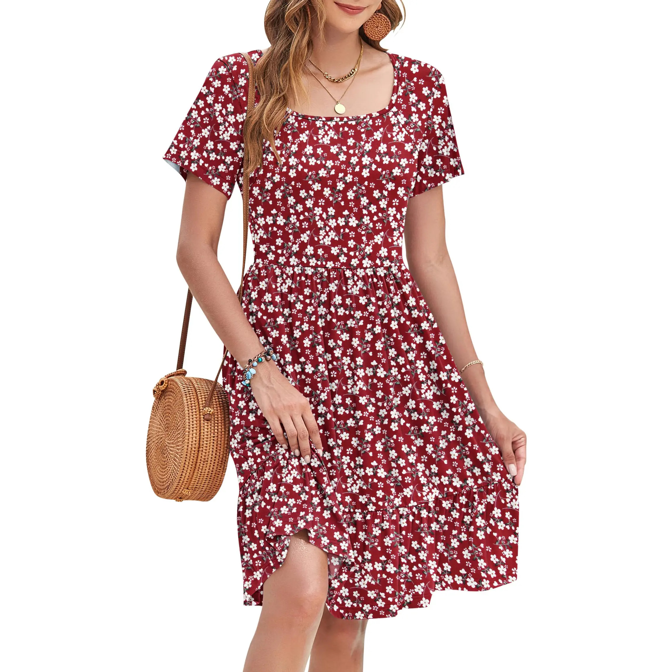 Women's Square-Neck Floral Short-Sleeve Dress (with Pockets)