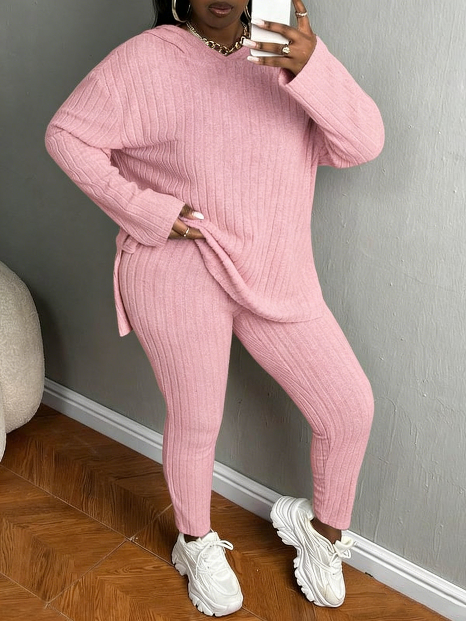 [Plus Size]Women's Two-Piece Set Solid Textured Ribbed Drop Shoulder Hoodie & Elastic Waist Pants, Casual Fashion Cozy Ribbed Outfits