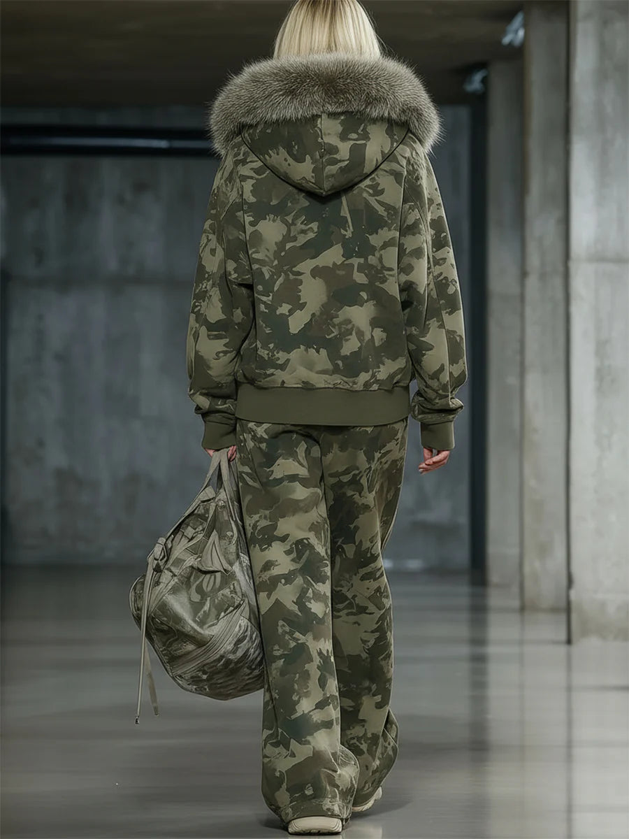 Casual And Fashionable Camouflage Print Faux Fur Collar Sweatshirt And Wide-leg Pants Suit