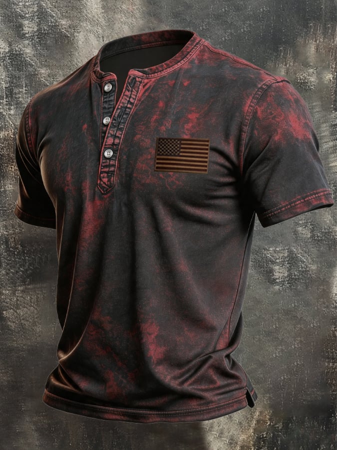 Men's Retro Patriotic Color-Block Short-Sleeve Henley T-Shirt
