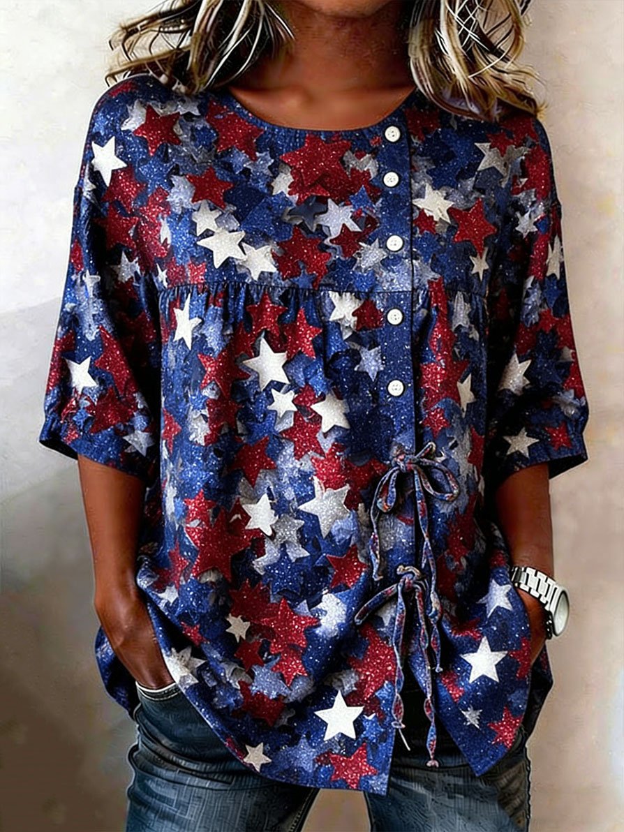 Women's Retro American Flag Art Round Neck Drop Shoulder Tie Button Shirt