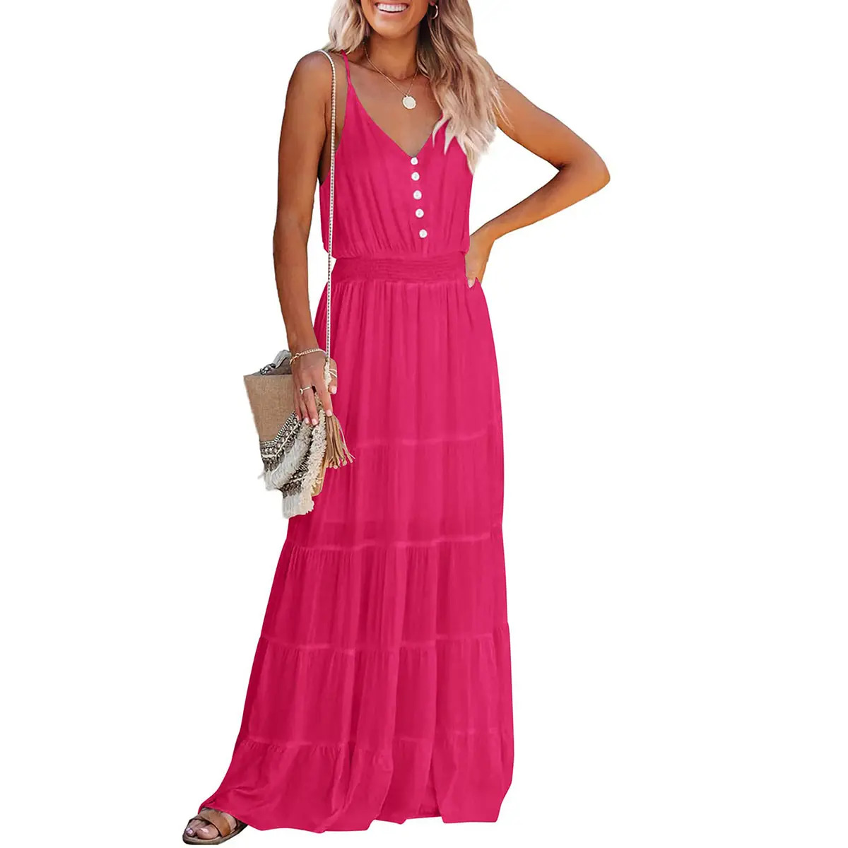 Women's Casual Summer Dress Spaghetti Strap Sleeveless High Waist Beach Long Maxi Sun Dresses