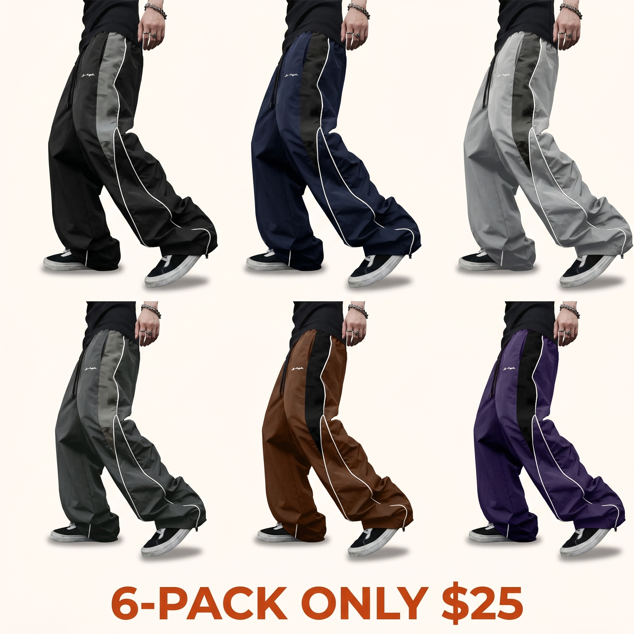 Men's High-Street Style Color-Block Spliced ​​Wide-Leg Pants with Side Stripes and Drawstrings