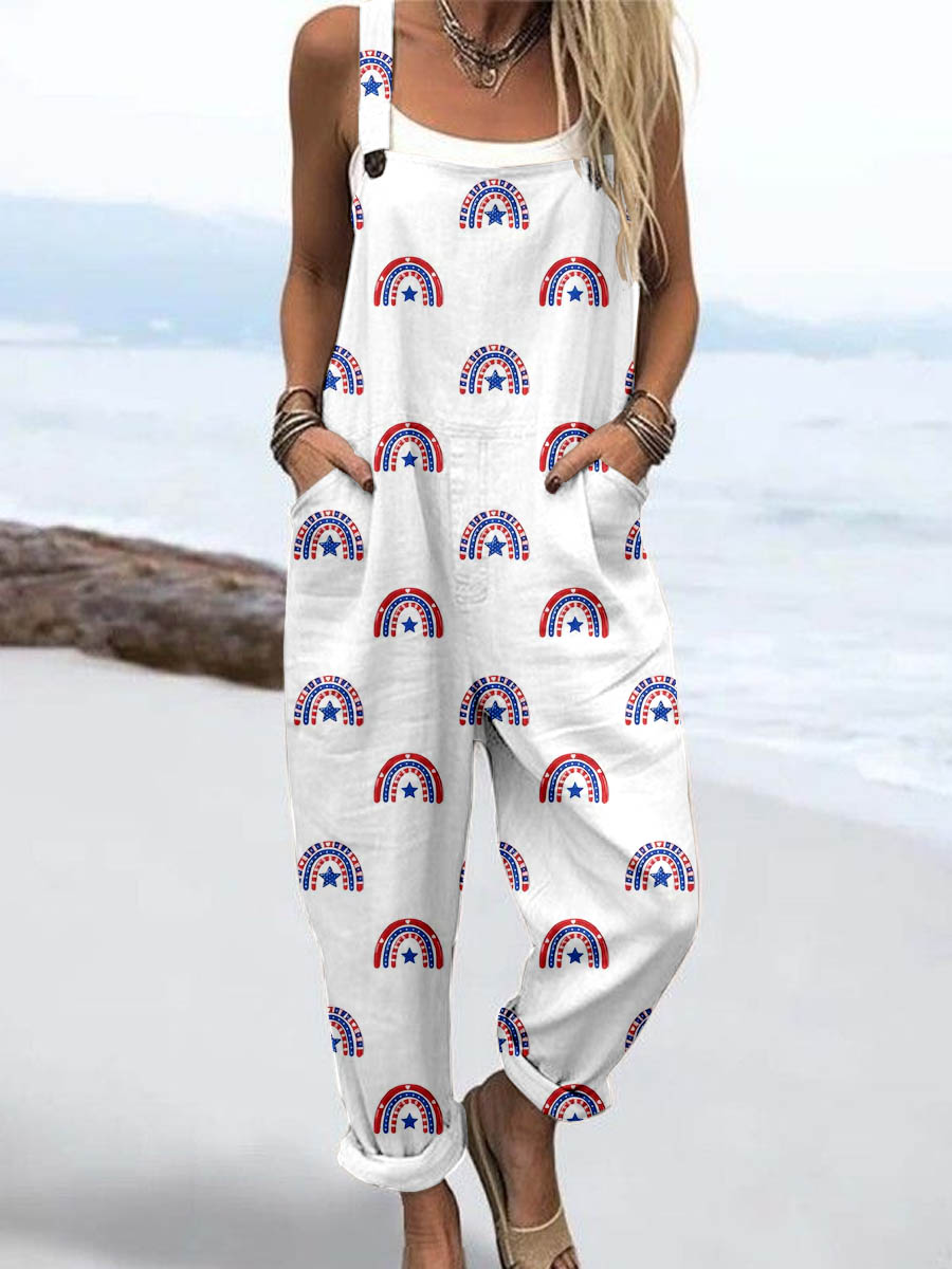 Wome'S Simple Style Independence Day Rainbow Pattern Print Casual Cotton Wide Leg Jumpsuit