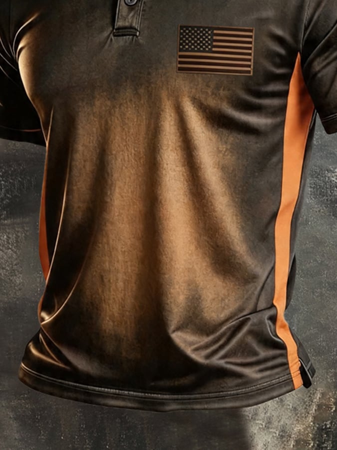 Men's Retro Patriotic Color-Block Short-Sleeve Polo Shirt