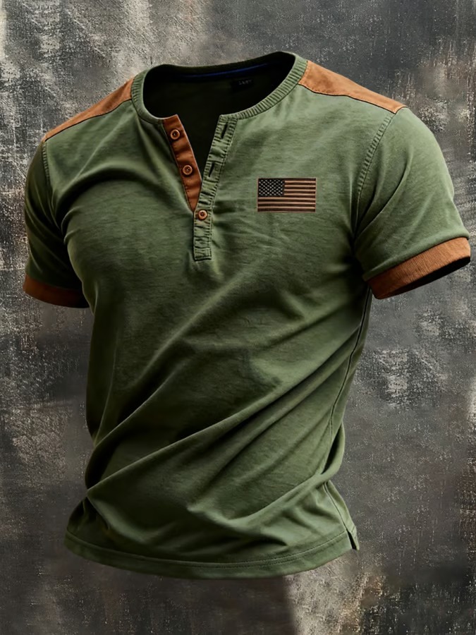 Men'S Retro American Independence Day Printed Casual Henley Neck T-Shirt