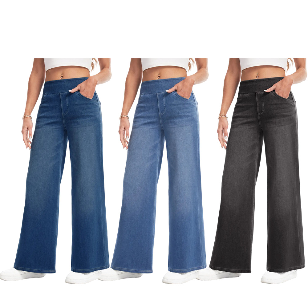 Wide Leg Stretchy Jeans for Women Loose Fit Elastic High Waist Pants