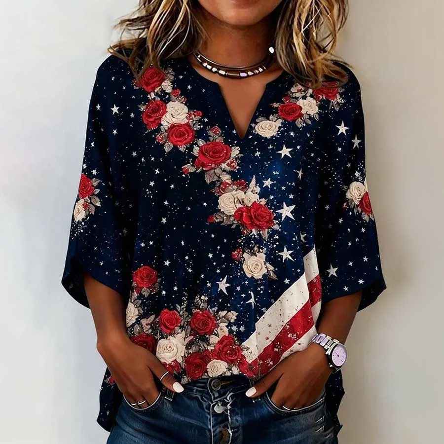 Ladies' Casual 250th Anniversary Celebration of the Founding of the United States Half Sleeve V-neck T-shirt