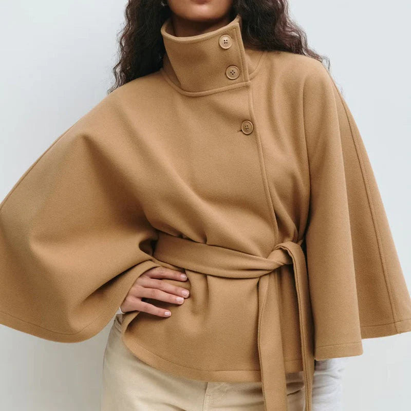 Women's cape-style coat with stand-up collar and belt