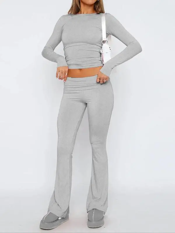 Women's Solid Long Sleeve Tee & Flare Leg Skinny Pants Loungewear Set