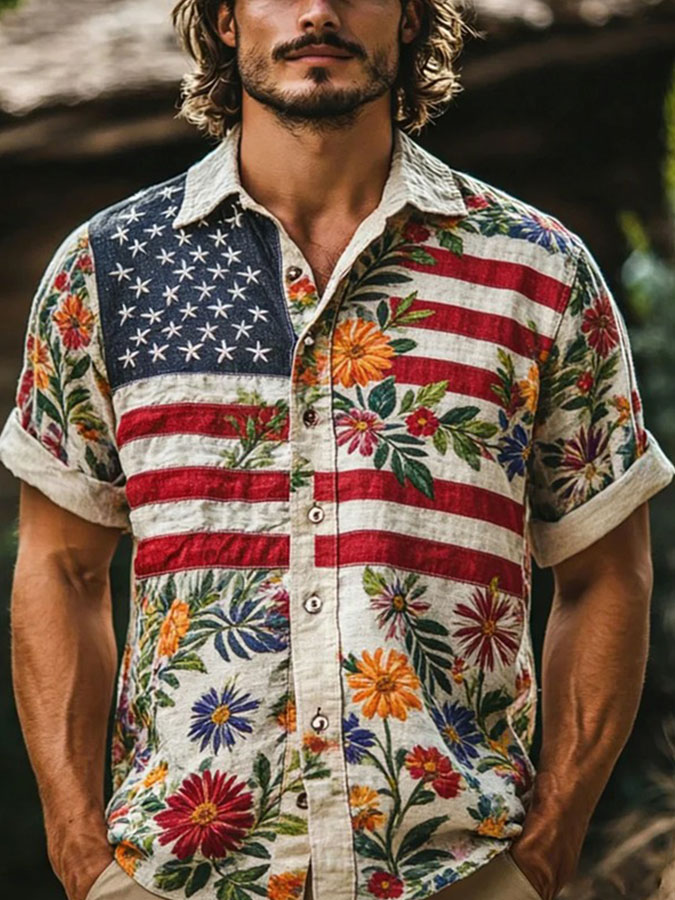 America 250th Anniversary Distressed Gradient Short Sleeve Button Up Shirt