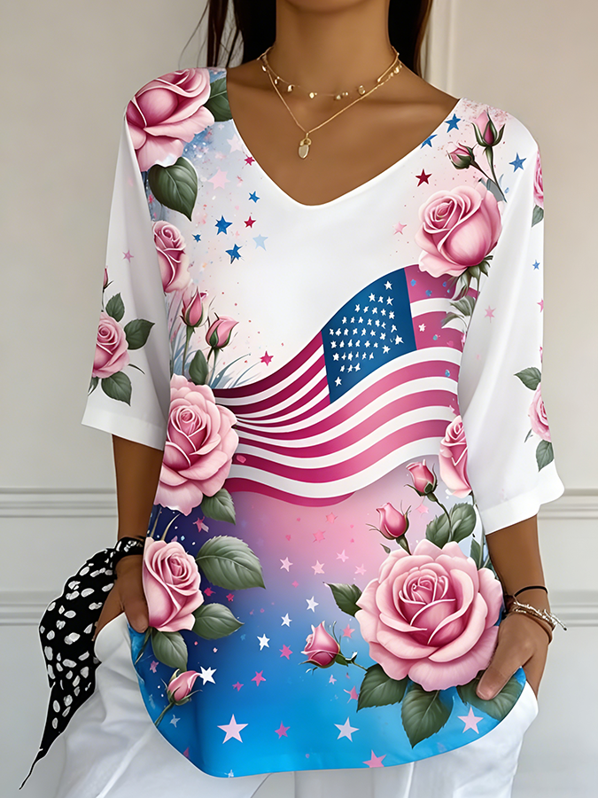Ladies' Casual American Flag Print V-Neck Half Sleeved T-Shirt