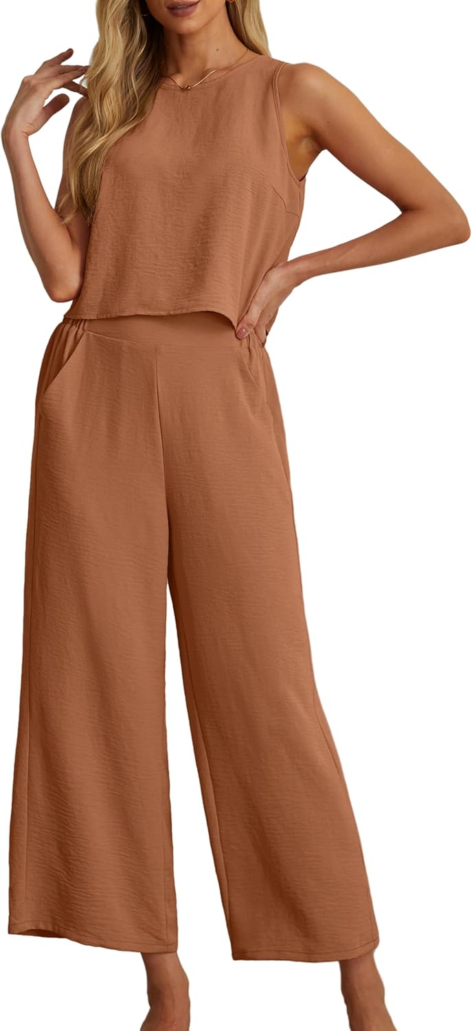 Women's Summer 2 Piece Outfits Set Round neck Sleeveless Tank Crop Top Wide Leg pants Set Pockets Jumpsuits