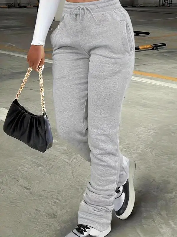Women’s Stackable Sweatpants with Pockets – Drawstring Waist Casual Joggers for Daily Wear