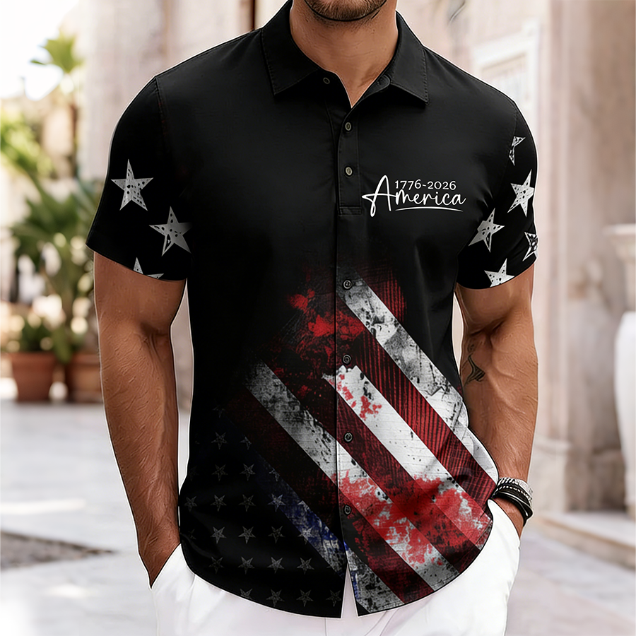 Men'S Casual American Five Pointed Star Flag Art Printed Shirt