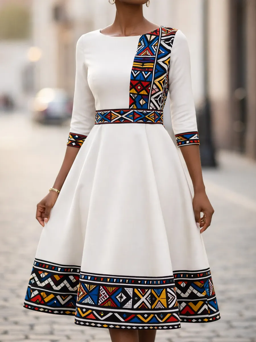 African Print Patchwork A-Line Dress for Women – 3/4 Sleeve Fit and Flare Midi Dress with Tribal Geometric Trim