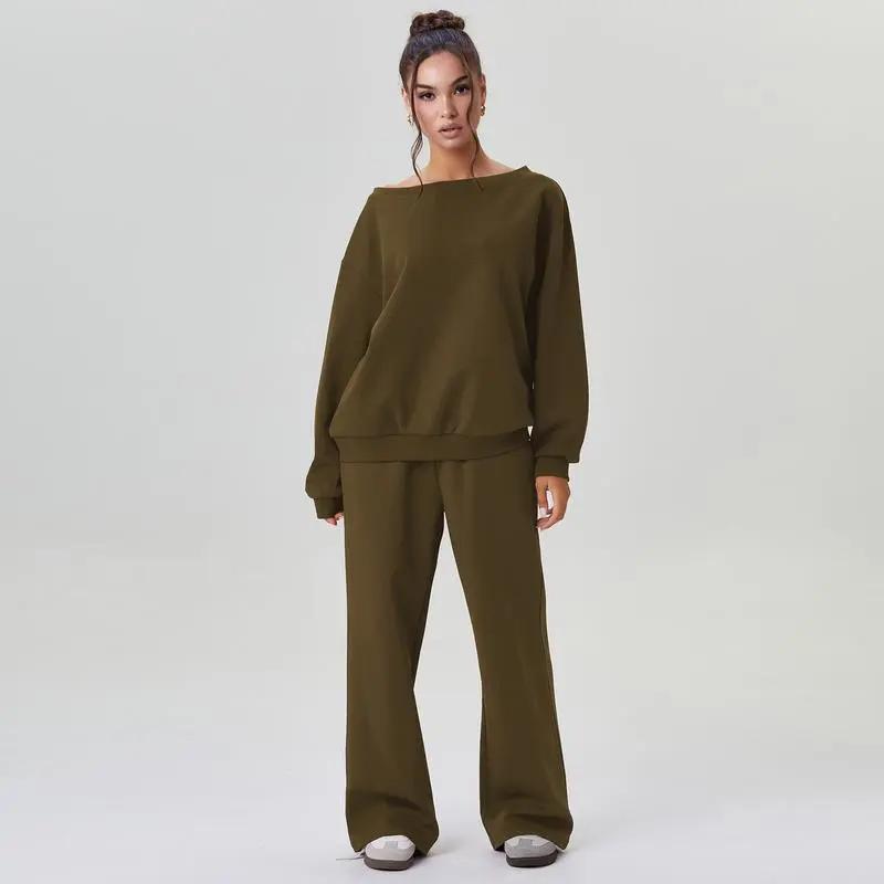 🔥8-PACKS 🔥Women's Leisure Solid Color Sloping Shoulder Long Sleeve Top & Wide Leg Trousers