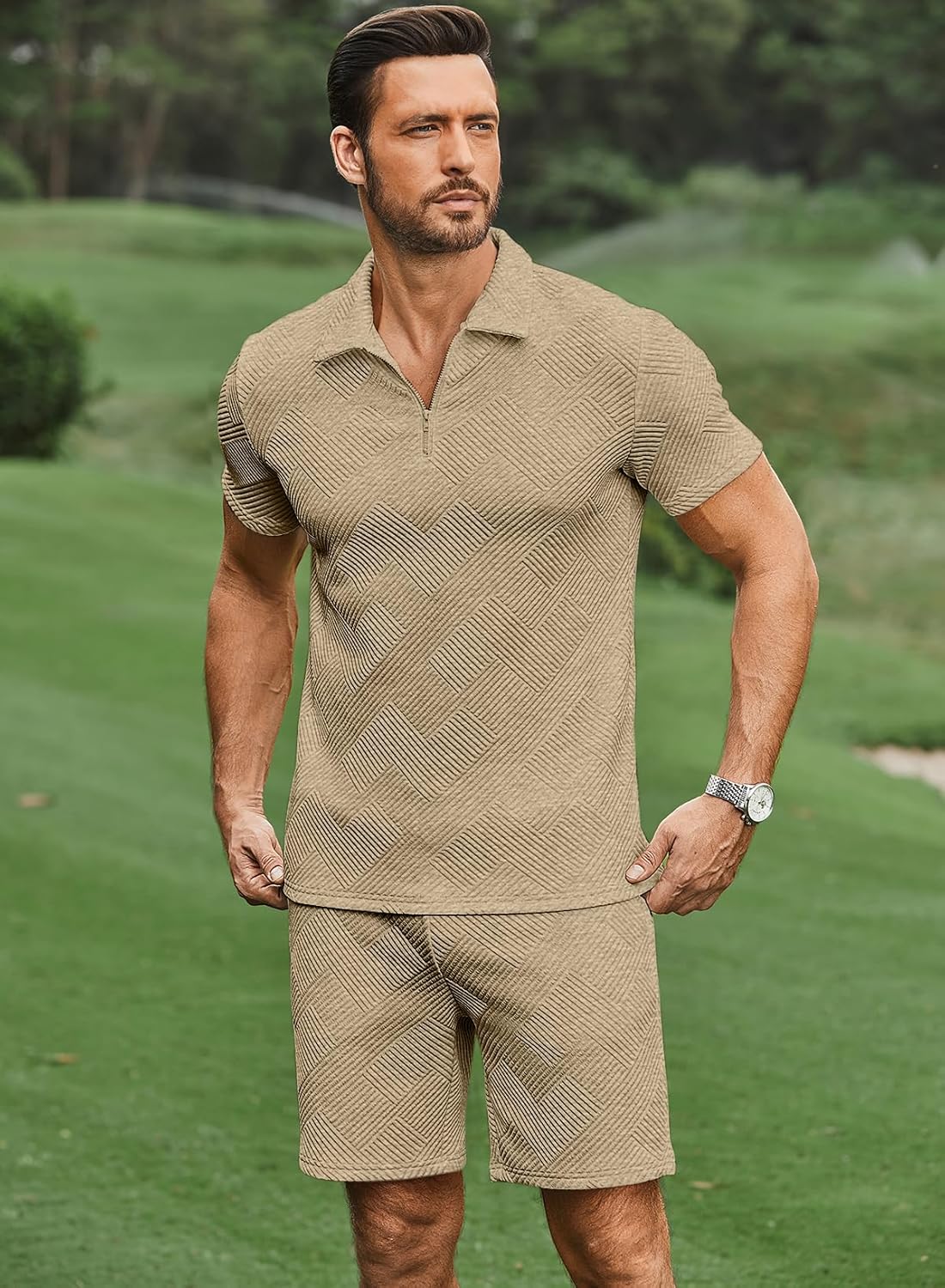 Men's Tracksuits 2 Piece Outfits Casual Sweatsuit Textured 1/4 Zip Short Sleeve Golf Polo Shirt and Short Sets