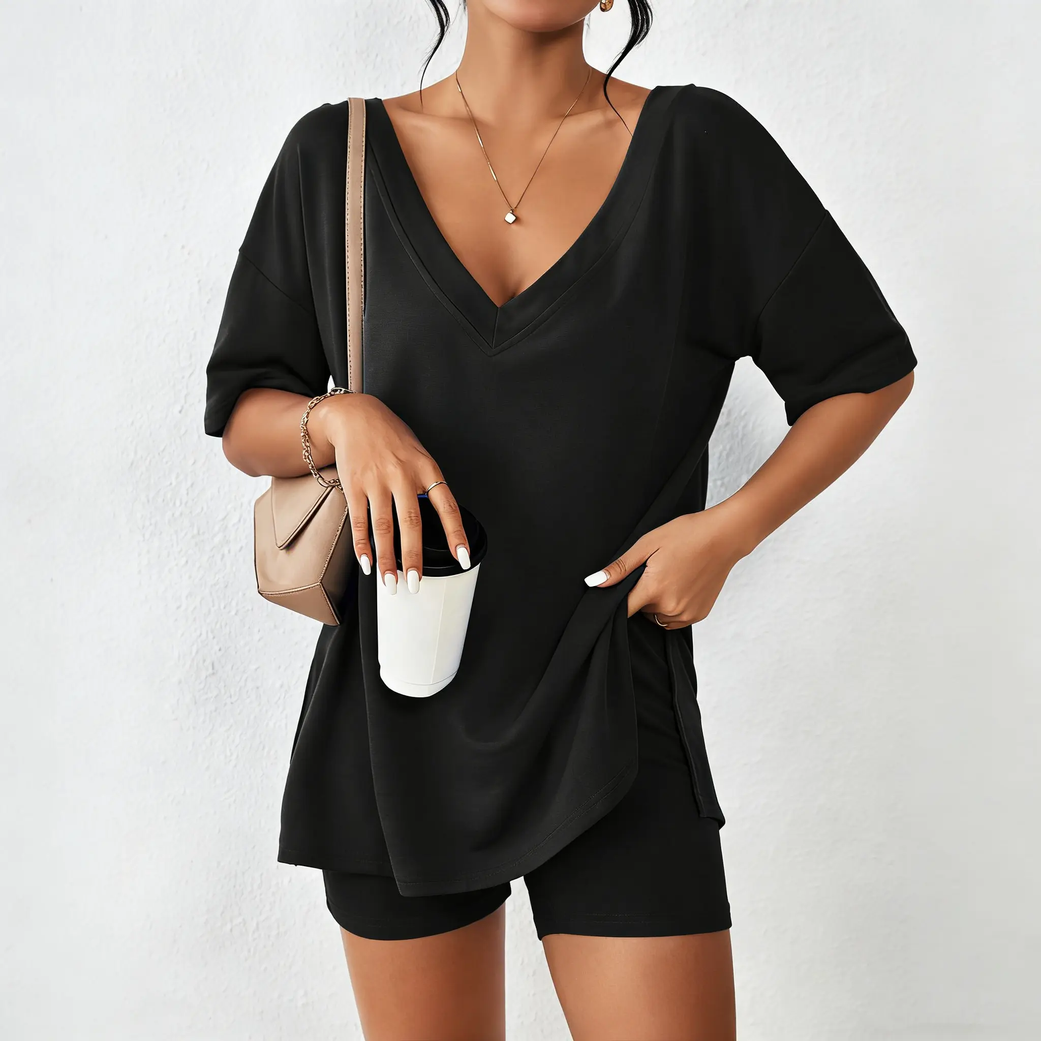 V-neck Two-Piece Pajama Set For Women Summer Casual Oversized Split Hem Shirts & Biker Shorts