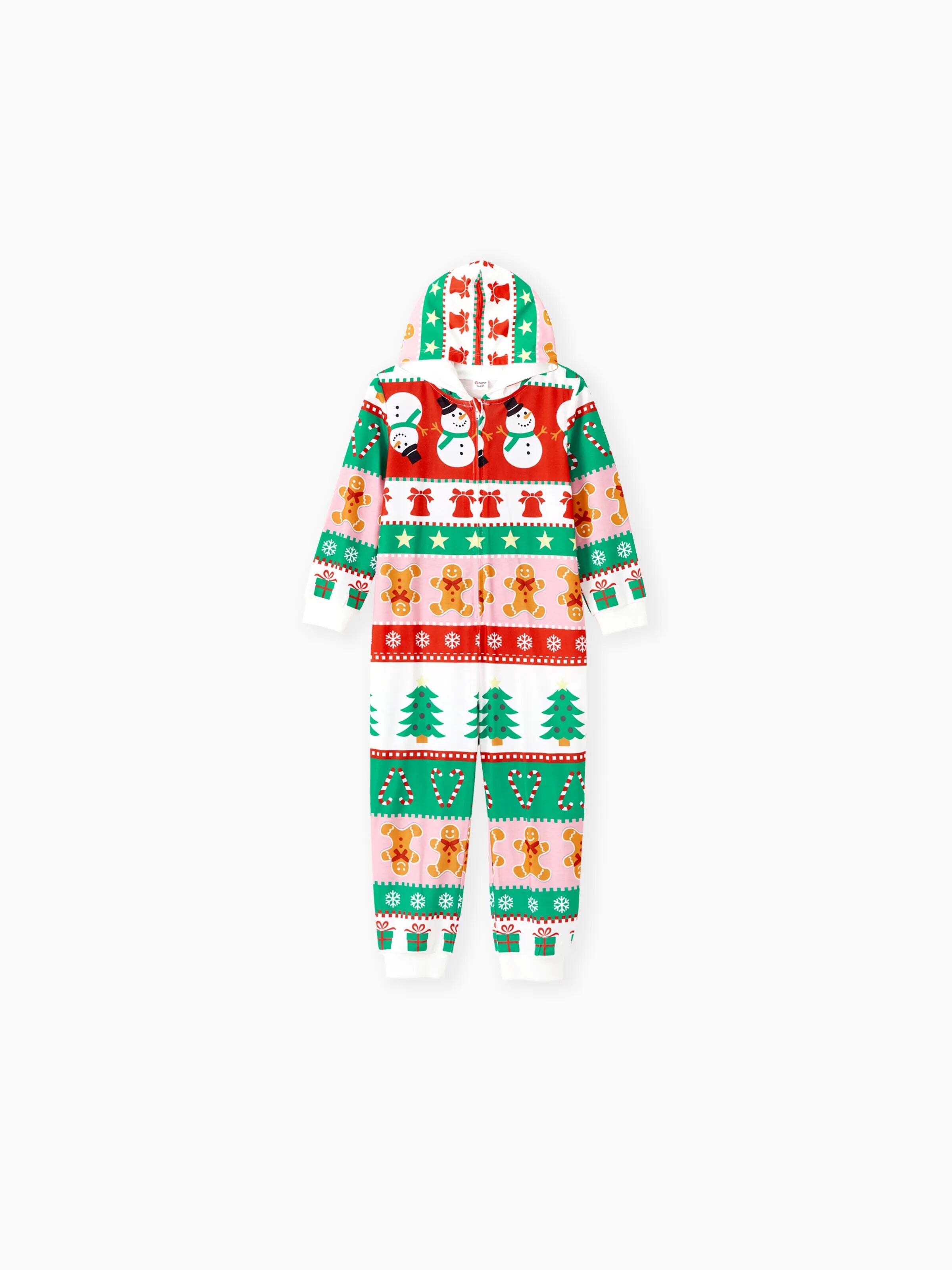 Onesies Pajamas Matching Christmas Outfits Allover Pattern Zipper Front Holly Jolly Print with Christmas Socks Back MultiColour