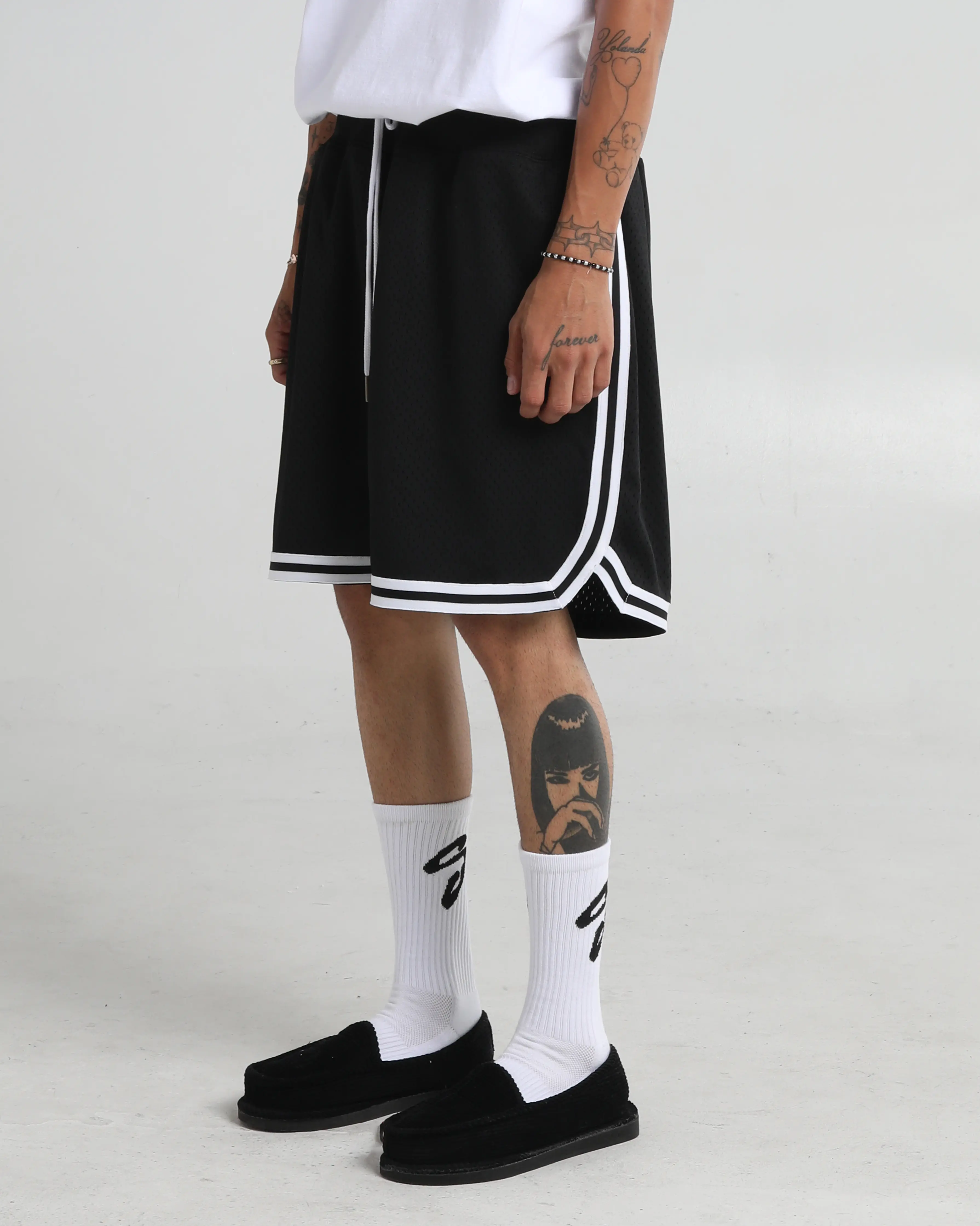 Basketball Shorts - Black & White Tonal Ribbing, 3 Pockets, Wide Leg Opening, True to Size Fit
