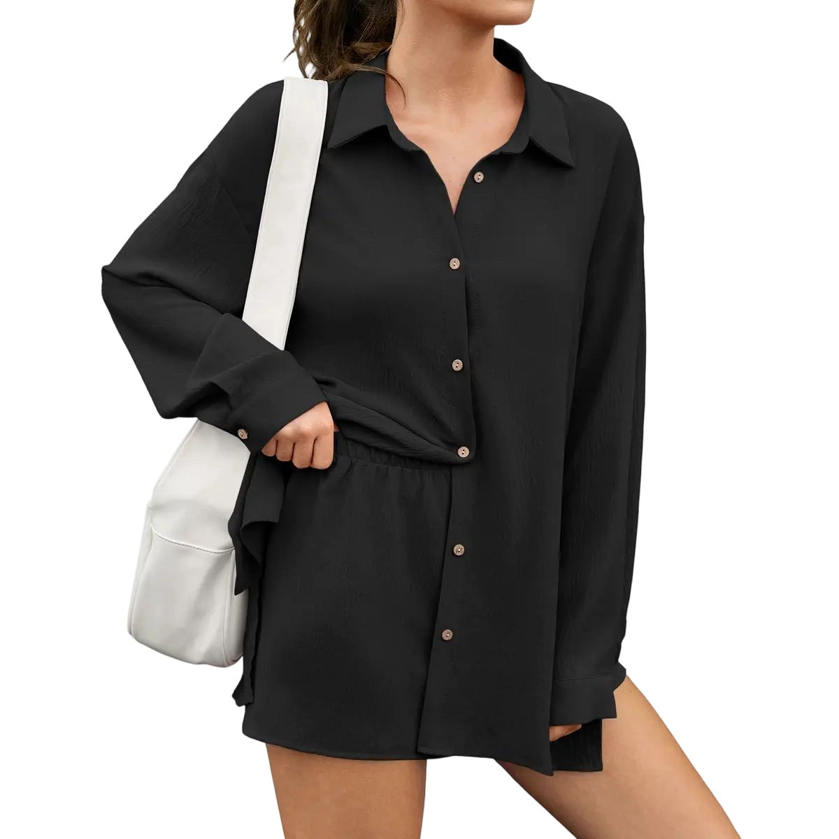 Womens Gauze Shirt & Shorts Set 2-in-1 Button Connected Oversized Long Sleeve Button-Down Top with Attachable Safety Shorts