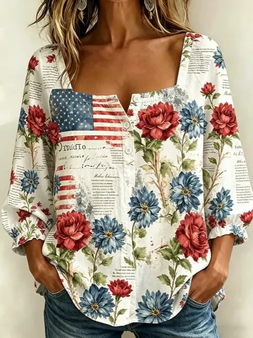 Women's Retro Flag Floral Newspaper Print Square Neck Button-Up Shirt