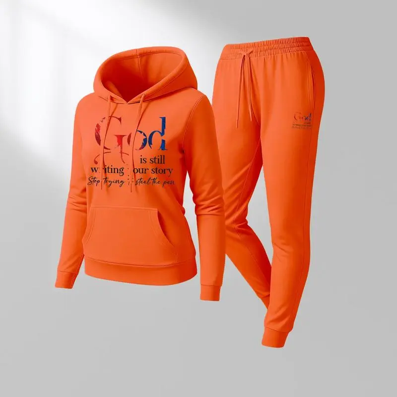 Women'S God Letter Print Hoodie And Drawstring Track Pants Set