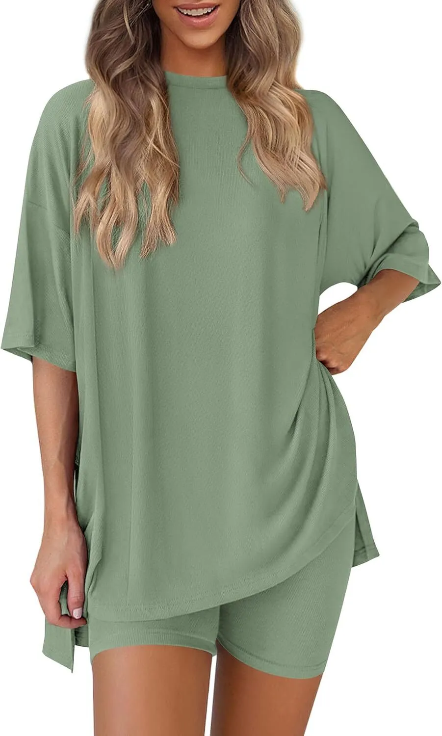 🔥Special Sale❤️Women's Two Piece Lounge Set 2026 Summer Casual Oversized Shirts  Biker Shorts Matching Airport Travel Outfit