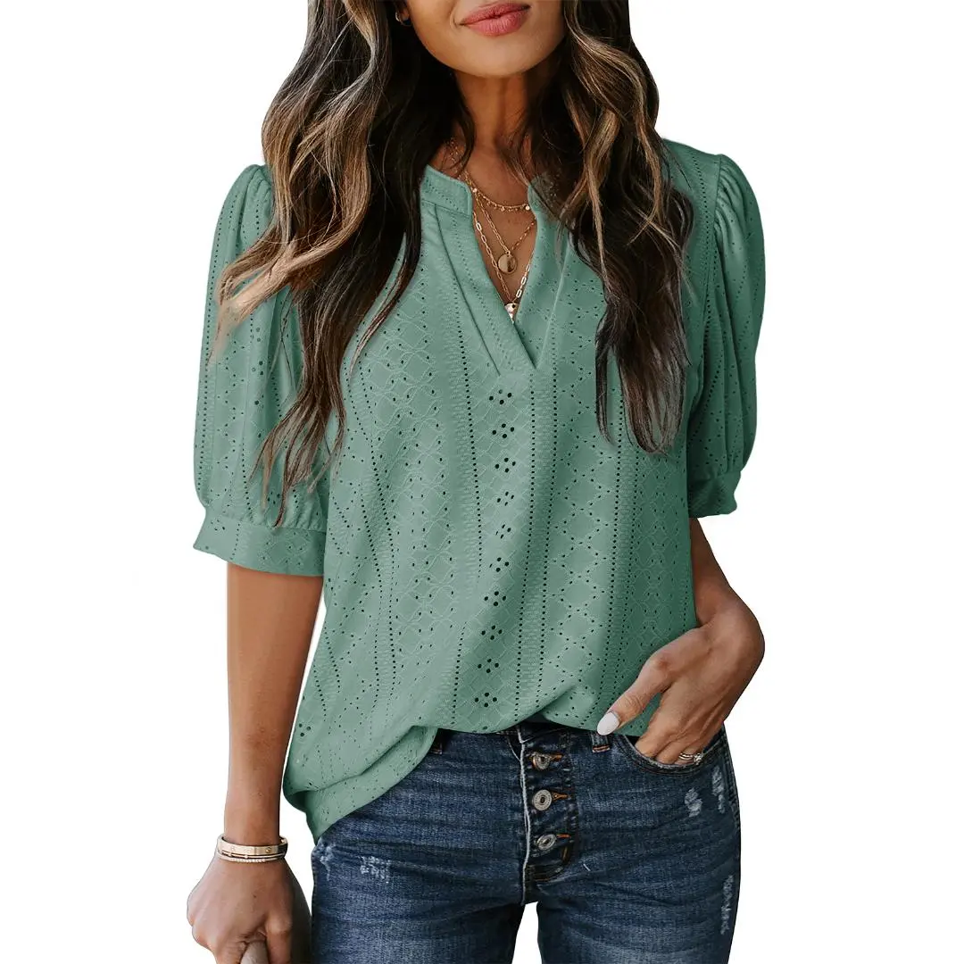 Women's Summer Business Casual Blouses V Neck Short Sleeve Shirts Hollow Out Cute Lace Tops Loose Fit Breathable Fabric