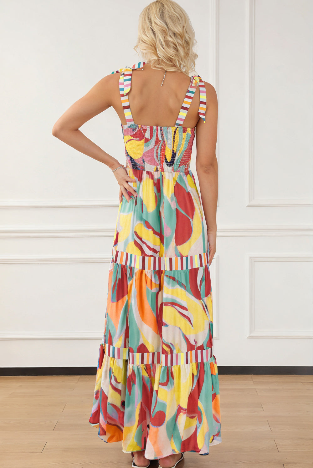 Multicolor Abstract Print Striped Detail Knot Strap Maxi Dress