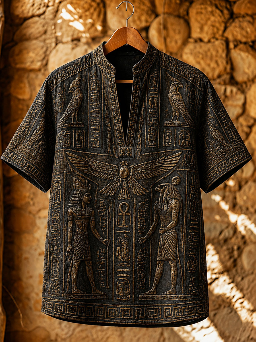 Ancient Egypt Men’s Short Sleeve Shirt – Pharaoh & Hawk Embossed Print Top