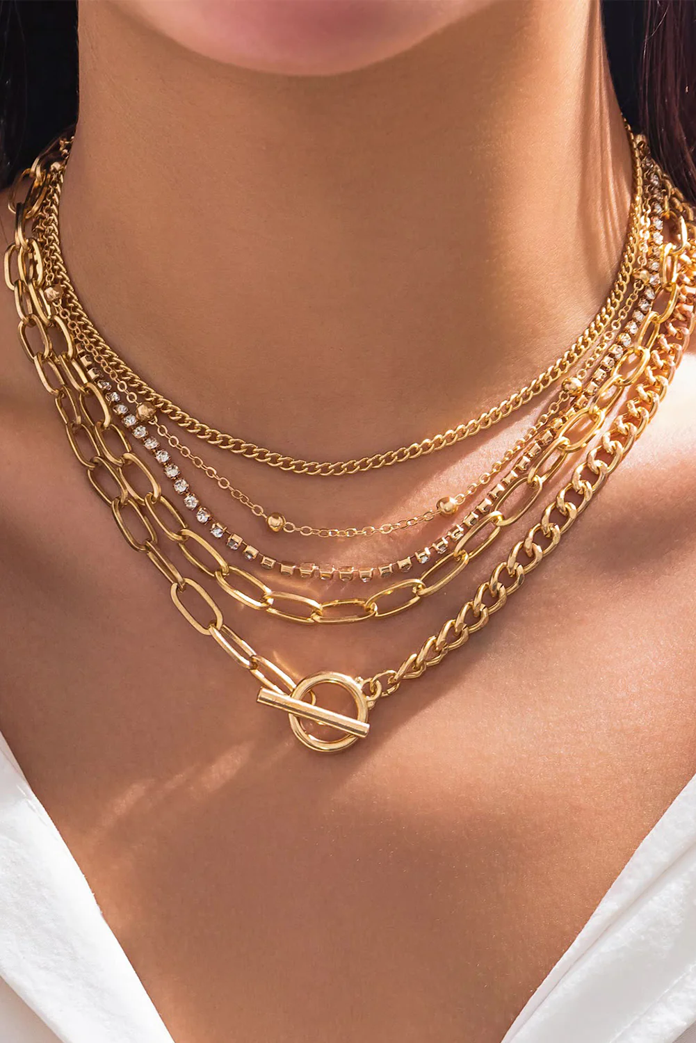 Silvery 5pcs Layered Rhinestone Plated Chain Collarbone Necklaces Set