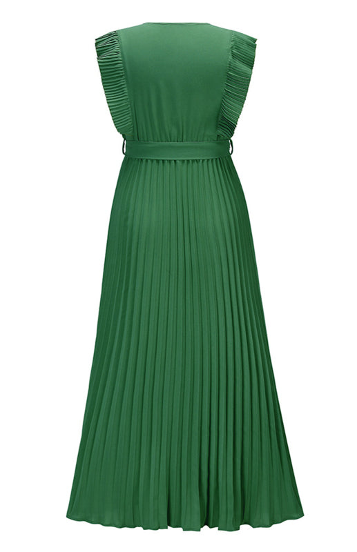 Slim Fit Lotus Leaf Sleeve Chiffon Pleated Skirt Solid Color Dress