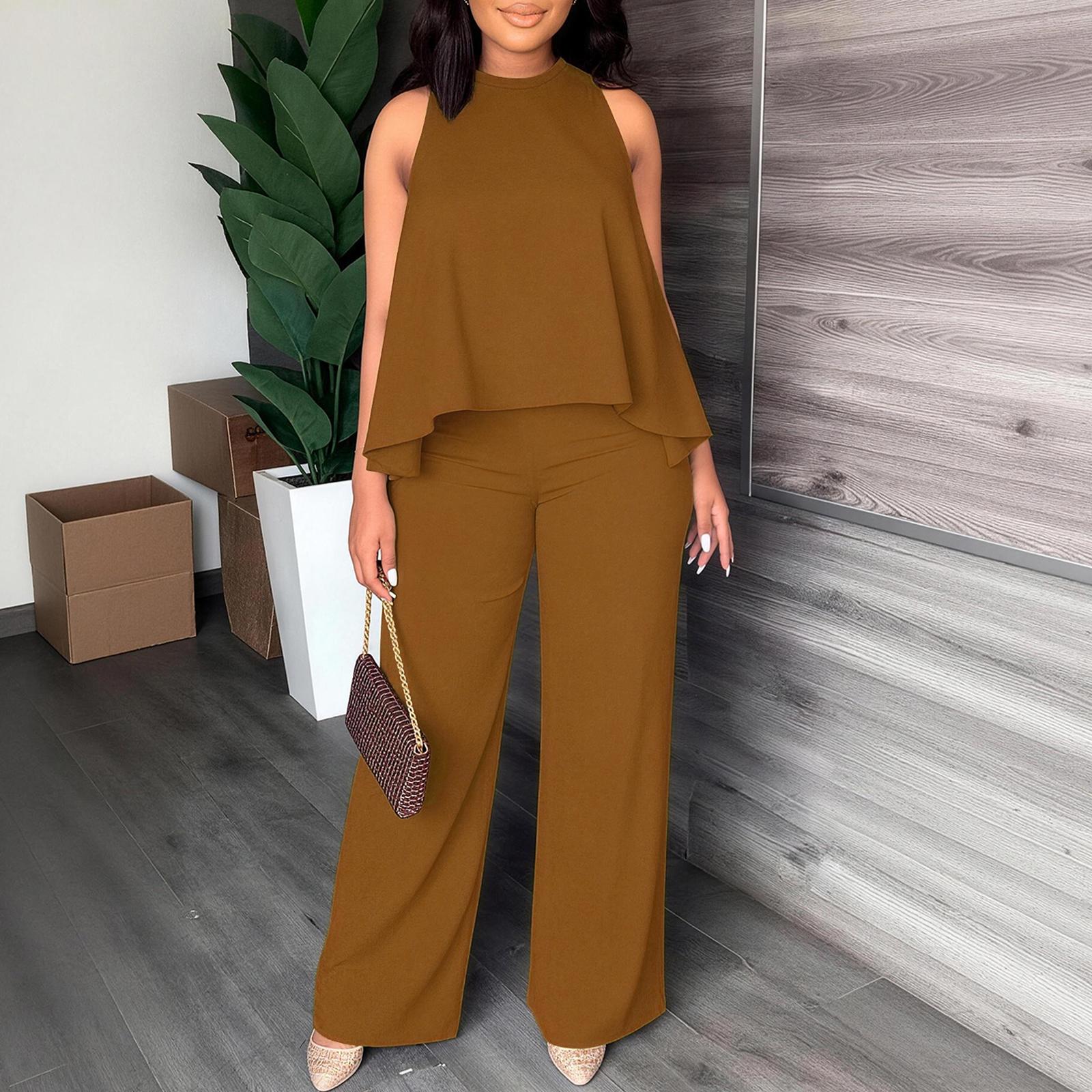 Women's Spring/Summer Two-Piece Set: Lightweight, Flowy Halter Top Paired with High-Waisted Wide-Leg Trousers