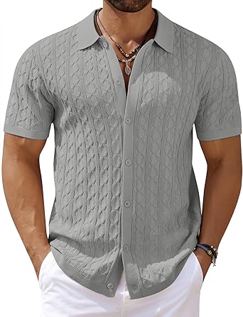 Mens Knit Button Down Shirt Short Sleeve Summer Casual Shirts Vintage Beach Vacation Shirts