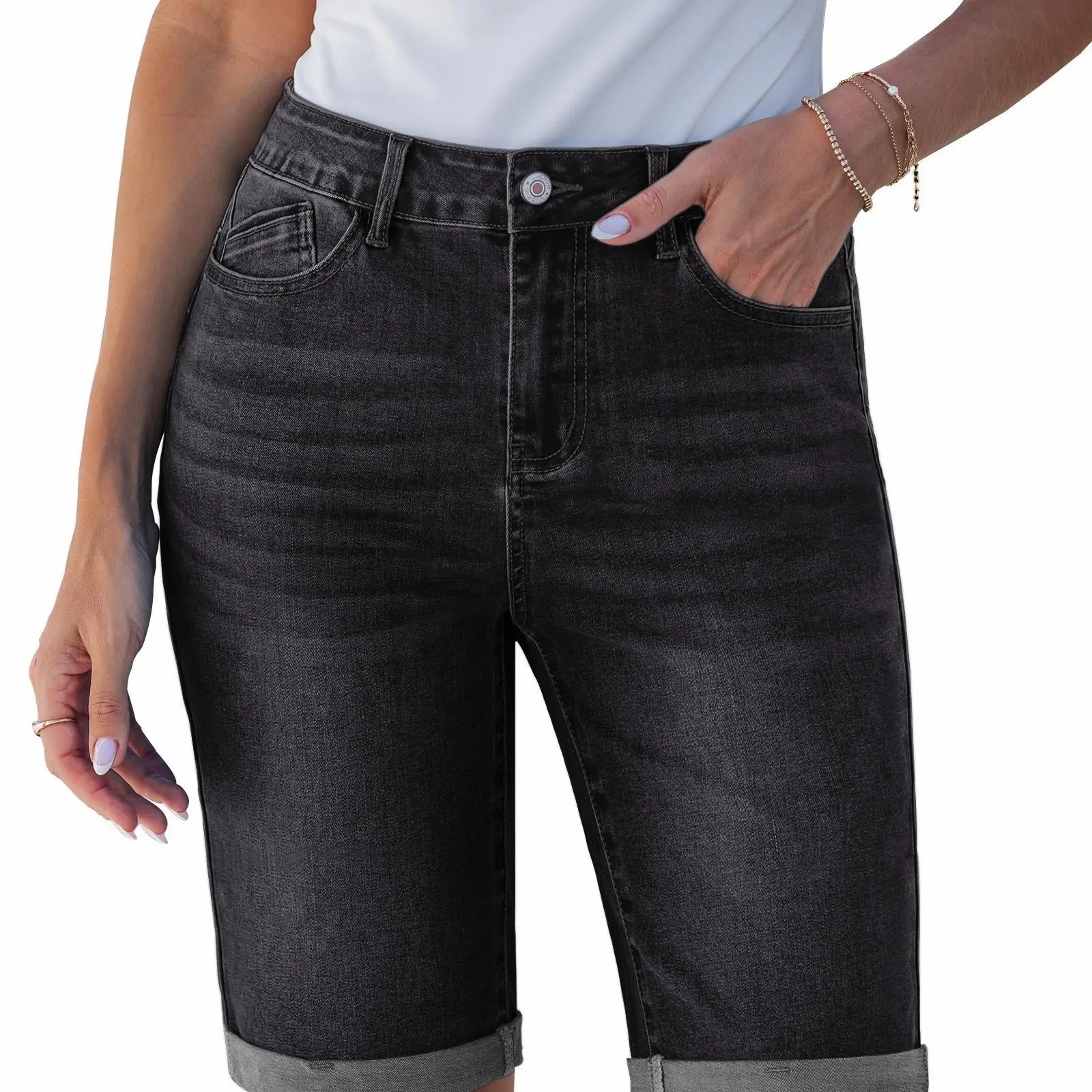 Bermuda Jean Shorts for Women Knee Length High Waisted