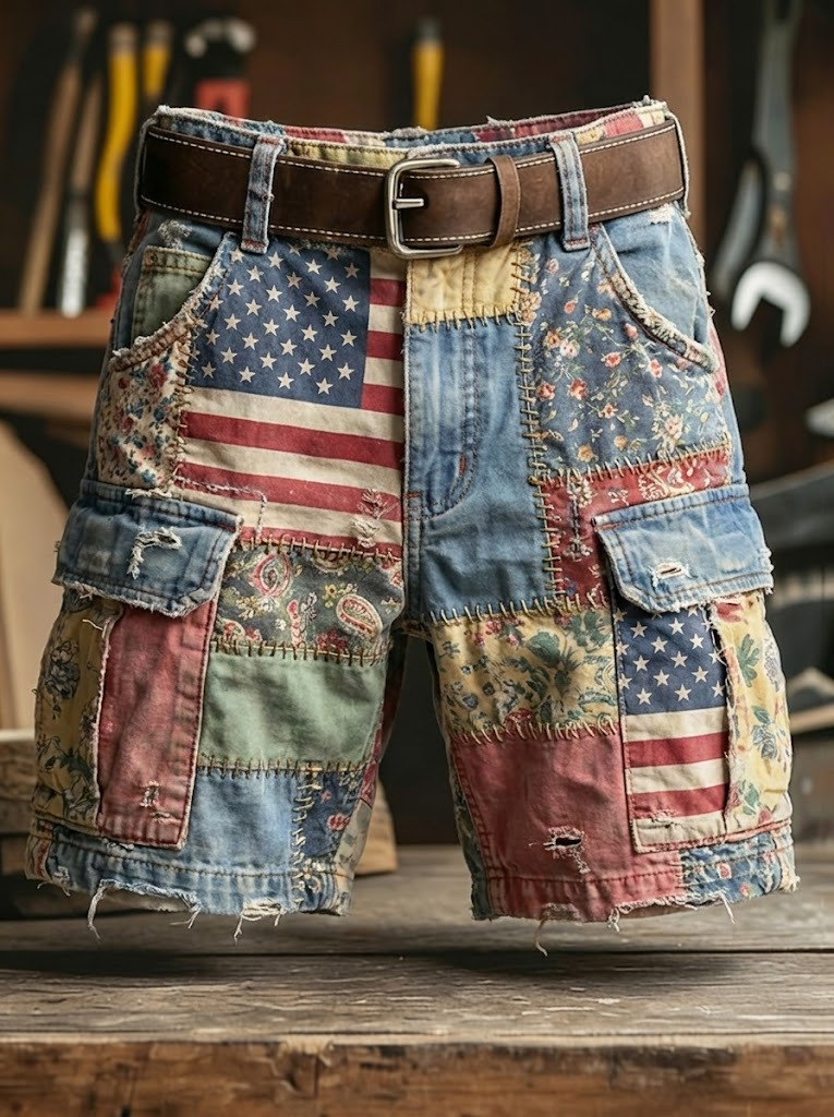 Men's Independence Day Western Floral Patchwork Print Cargo Shorts