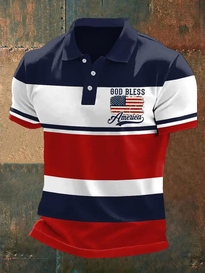Men'S Casual American Independence Day God Bless The USA Printed Celebration Short Sleeved Polo Shirt