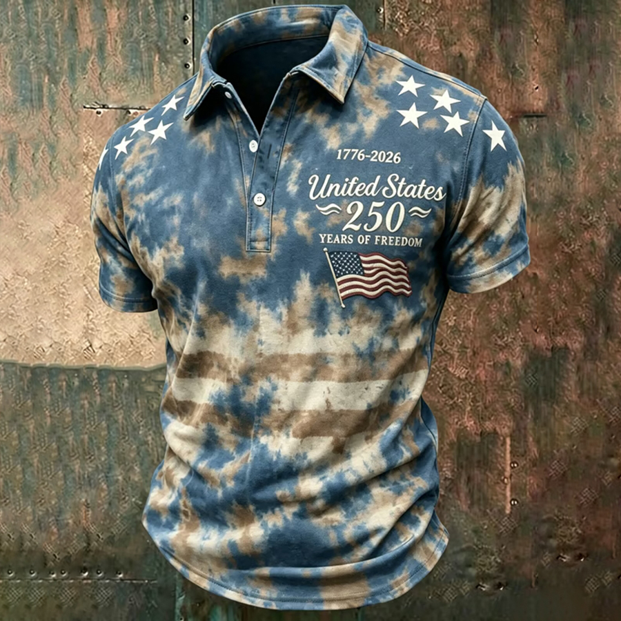 Men'S Casual American Flag Tie Dye Gradient Personalized Printed Short Sleeved Polo Shirt