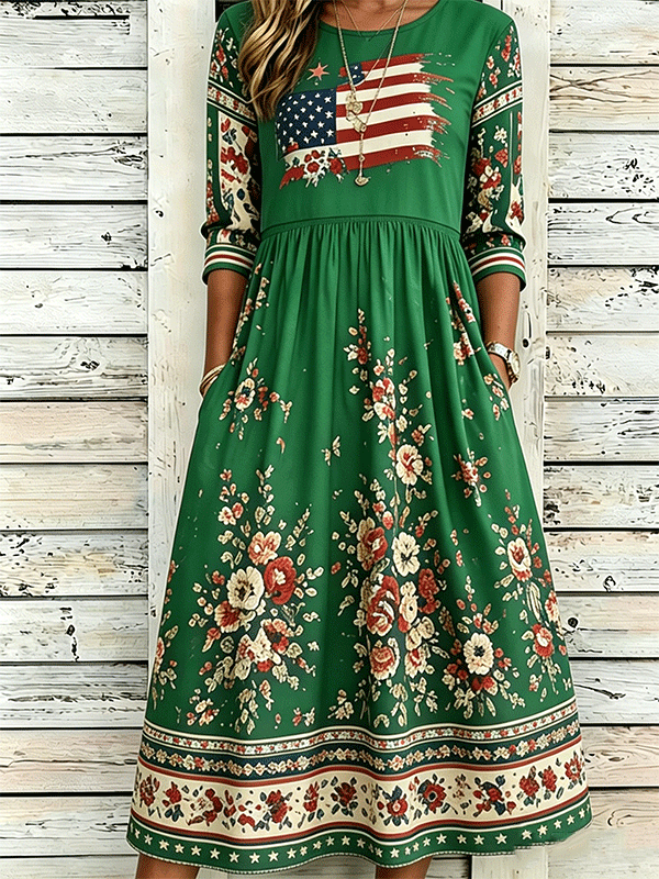 Women's Vintage American Flag Floral Print Midi Dress