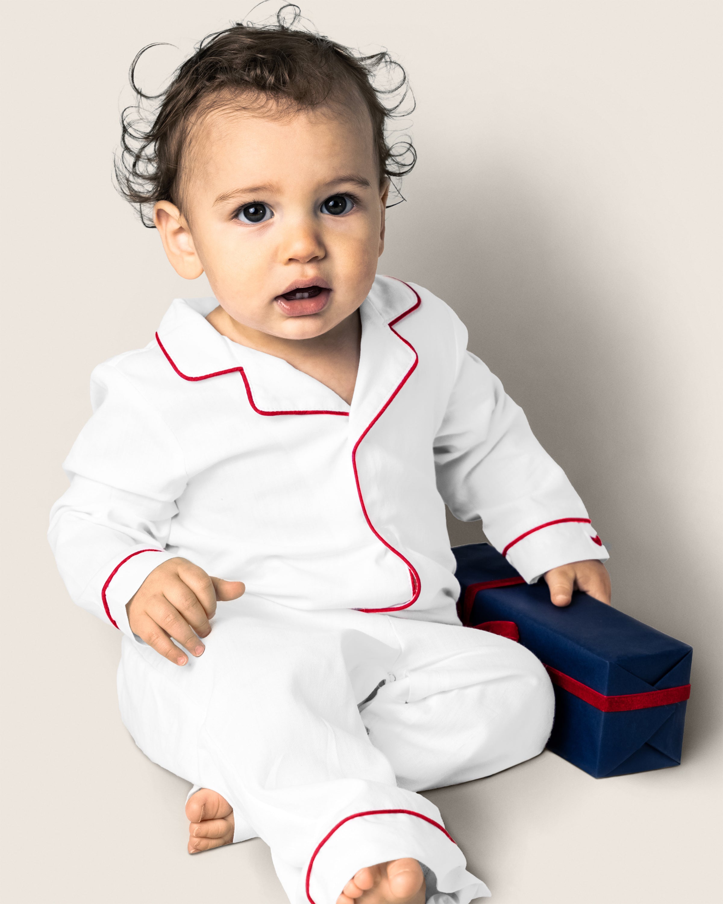 Baby's Twill Romper in White with Red Piping