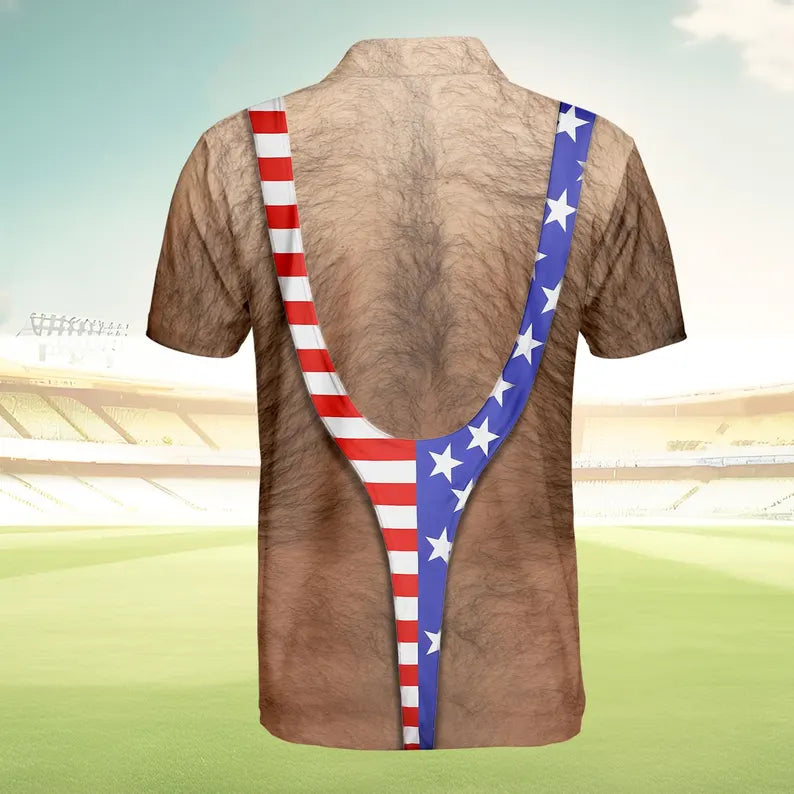 American Flag Funny Hawaiian Shirt Men, Patriotic Chest Hair Illusion Aloha Shirt, 4th of July Button Up Shirt, Independence Party Outfit